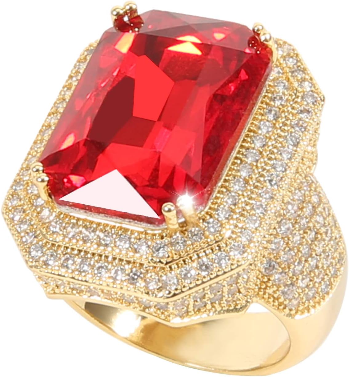 HongBoom Men's 18K Gold Plated CZ Rhinestone Fully Iced Out Bling Bling Ruby Cuban Square Ring