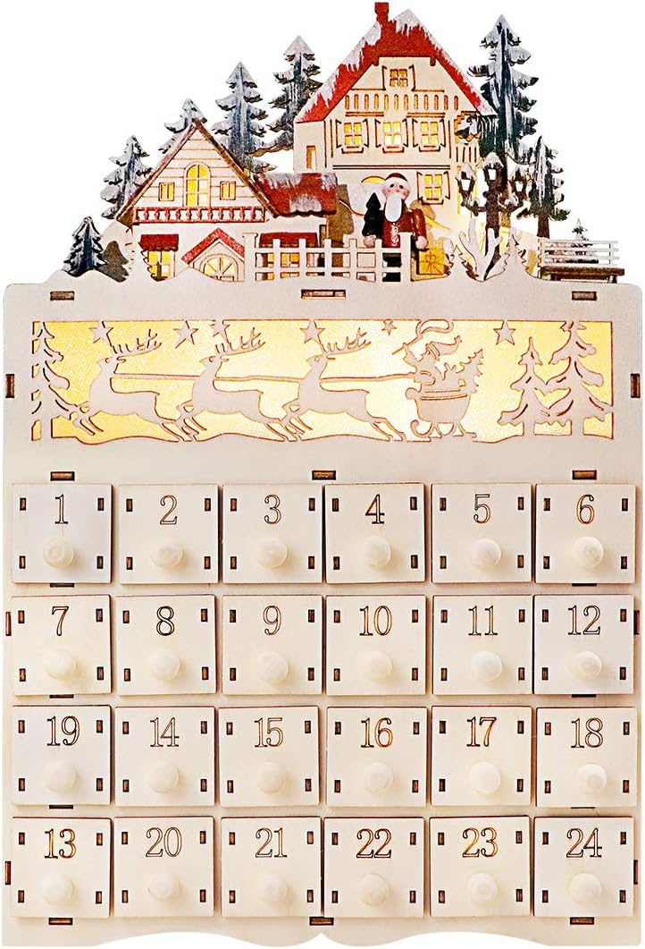 Advent Calendars - TOPNEW Wooden LED Christmas Sleigh Advent Calendar, 24 Opening Drawers Countdown to Traditional LED Wood Construction Christmas Holiday Decoration, 8.8