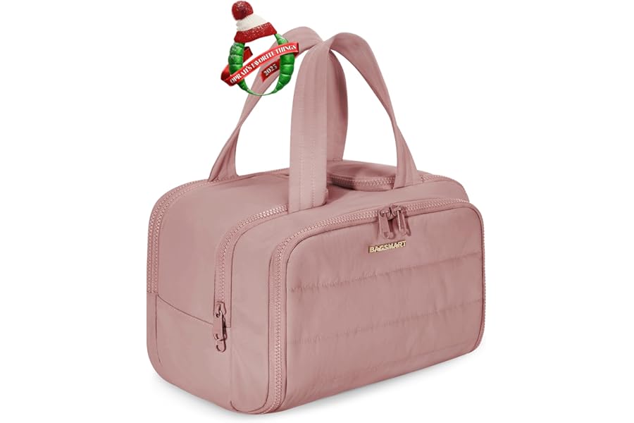 BAGSMART Travel Toiletry Bag, Lightweight Large Wide-open Travel Bag for Women, Puffy Cosmetic Makeup Bag Organizer with Handle for Accessories,Essentials, Toiletries, Dark Pink