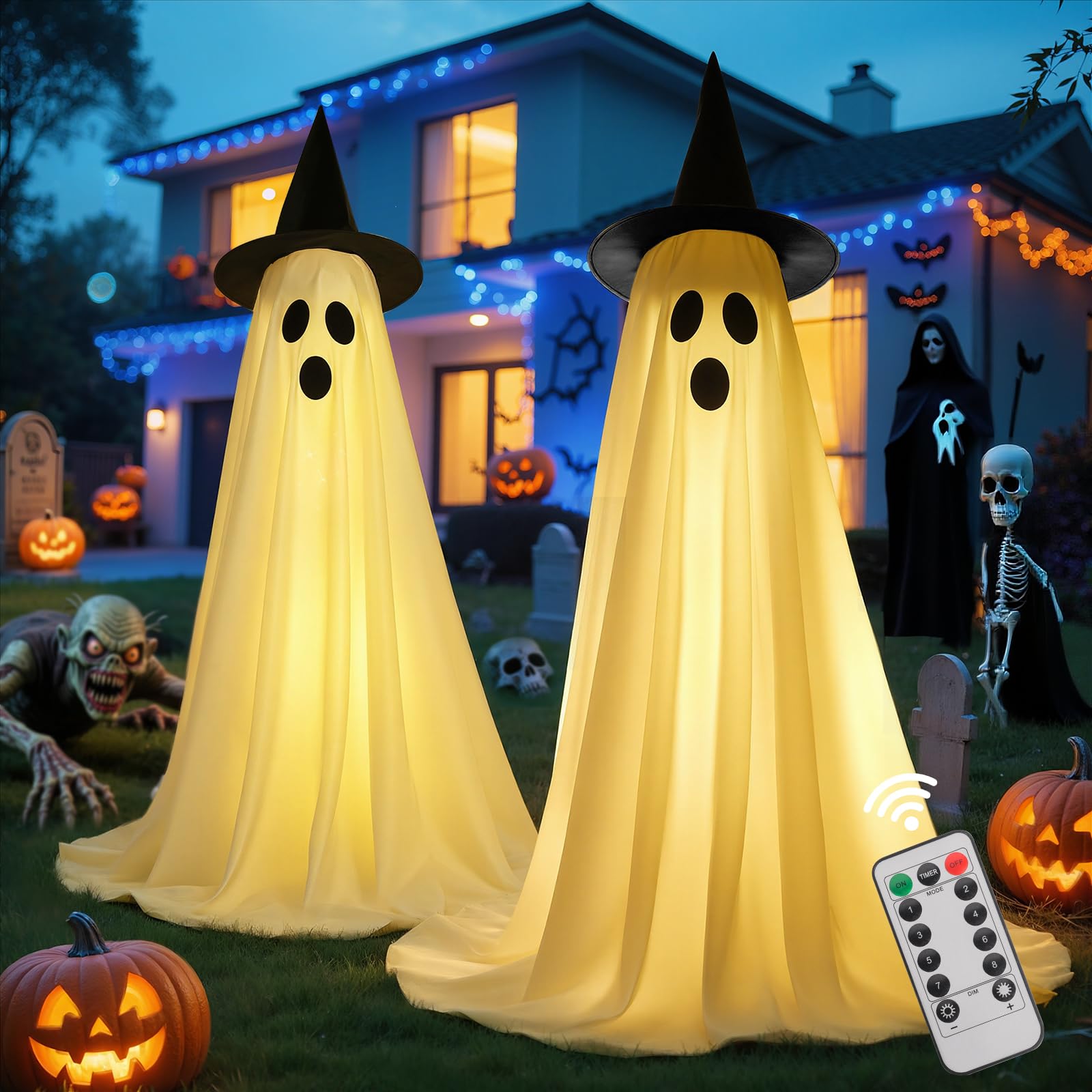 Photo 1 of 2 Pack Halloween Decorations Outdoor, Cute Ghost Halloween Party Decorations with Remote Control String Lights, Spooky Ghost Halloween Lights Outdoor Decorations for Porches, Yards, Gardens, Lawn