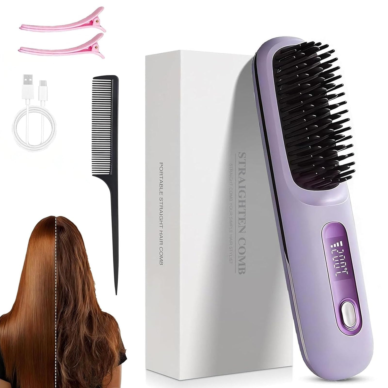 Photo 1 of Go Brush Pro, 2026 Upgraded Go Brush Pro Hair Straightener Brush, Travel-Friendly with LCD Temperature Display, Portable Hair Straightener, Fast Heating Cordless Mini Hair Brushs (Purple)