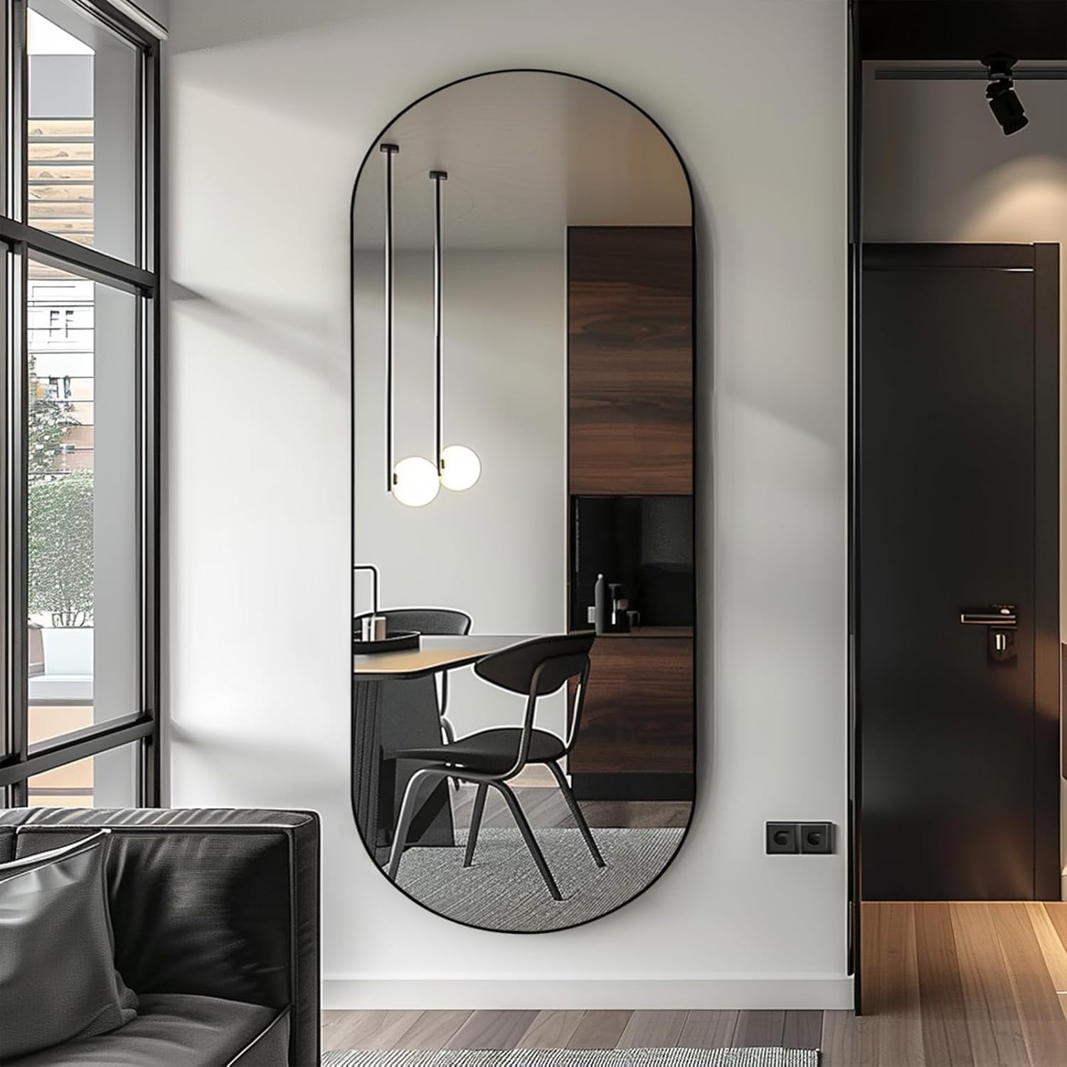 Photo 1 of ***FACTORY SEALED***ZHUNFA Arched Full Length Floor Mirror, Oval Full Floor Mirror, Large Wall Mounted Arched-Top Body for Living Room, Bedroom, Bathroom, Entryway, Dressing Room (Black, 64 * 21)