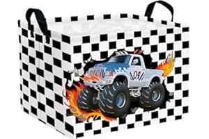 ASKETAM Racing Car Storage Basket Monster Truck Toy Book Shelf Basket Kid Room Decor Gift (Black and White Checkered)