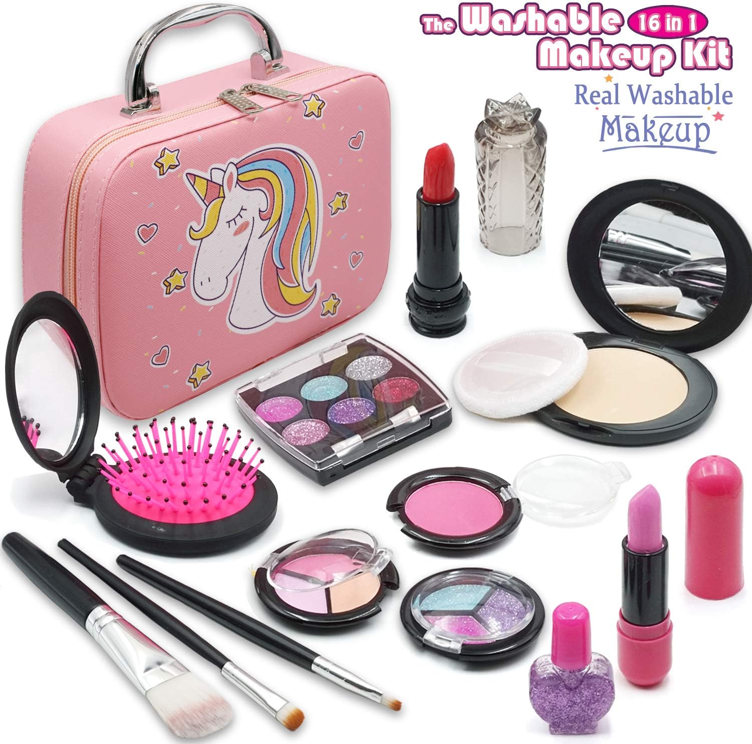 ROKKES Girls Washable Cosmetic Makeup Toy - Pretend Play Makeup for Girls , Play Makeup Kit for Toddlers , Real Makeup for Kids , Cosmetic Toys , Best Girl Gifts for 3/4/5/6/7.…