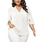 SCOMCHIC Women's Plus Size Blouses 3/4 Sleeve Dressy Tunic Tops Casual Loose V Neck Pleated Shirts