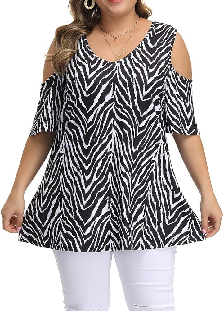 Allegrace Women's Plus Size Floral Printing Cold Shoulder Tunic Top Short Sleeve V Neck T Shirts at  Women’s Clothing store
