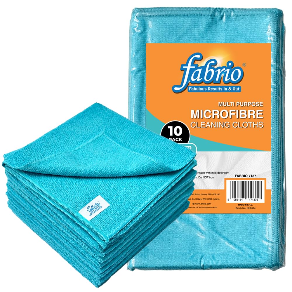 FABRIO Microfibre Cleaning Cloths – Pack of 10, 40x40cm, Ultra-Soft, Lint-Free, Super Absorbent Towels for Kitchen, Car, Glass, and Multi-Surface Cleaning – Blue Colour