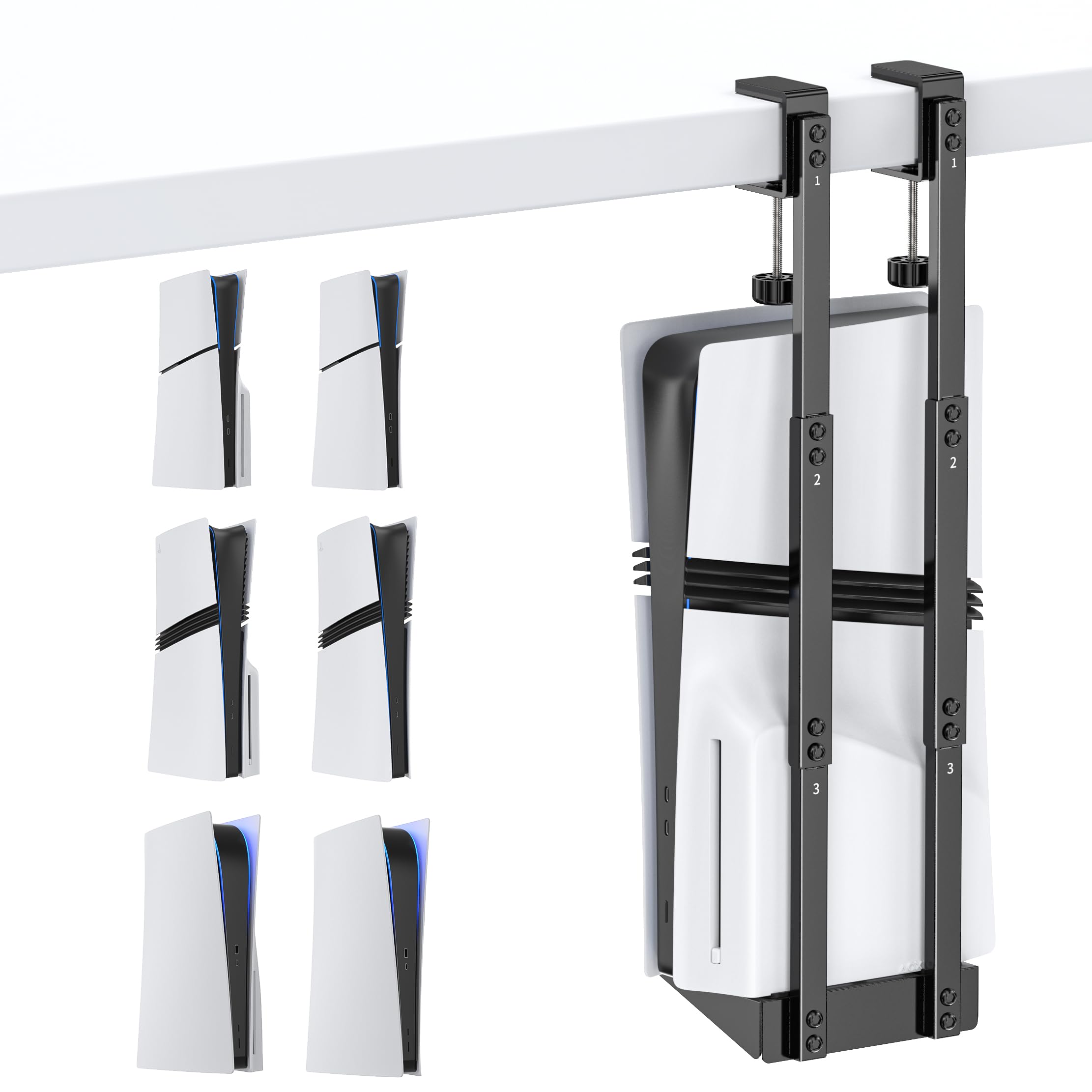 PS5 Supporto Sotto la Scrivania Verticale per PS5/ PS5 Slim/ PS5 Pro, Supporto Sotto Tavolo PS5 per Versioni PS5 Disc & Digital, Accessori Salvaspazio per PS5 Sotto la Scrivania e per lo Stoccaggio