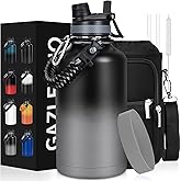 GAZLEMHO Insulated Water Bottle 64 oz, Half Gallon Water Jug Cold 48H, BPA Free Stainless Steel Bottles with Straw/Chug 2-in-1 Lid, Bag, Paracord Handle, Silicone Boot, Sports Gym School Metal Flask