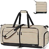 Lekesky Foldable Travel Duffle Bag for Women, Large Duffel Bag with Separate Shoes Compartments & Straps, Carry On Weekend Bag for Women, Hospital, Overnight (Stripe & Beige, 80L)