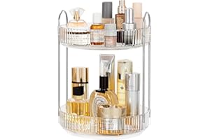 Vorey 360 Rotating Makeup Organizer Countertop Clear 2 Tier Bathroom Organizer Spinning Perfume Organizers, Skincare Organizers Makeup Carousel with Silver Handle Cosmetic Brush Storage