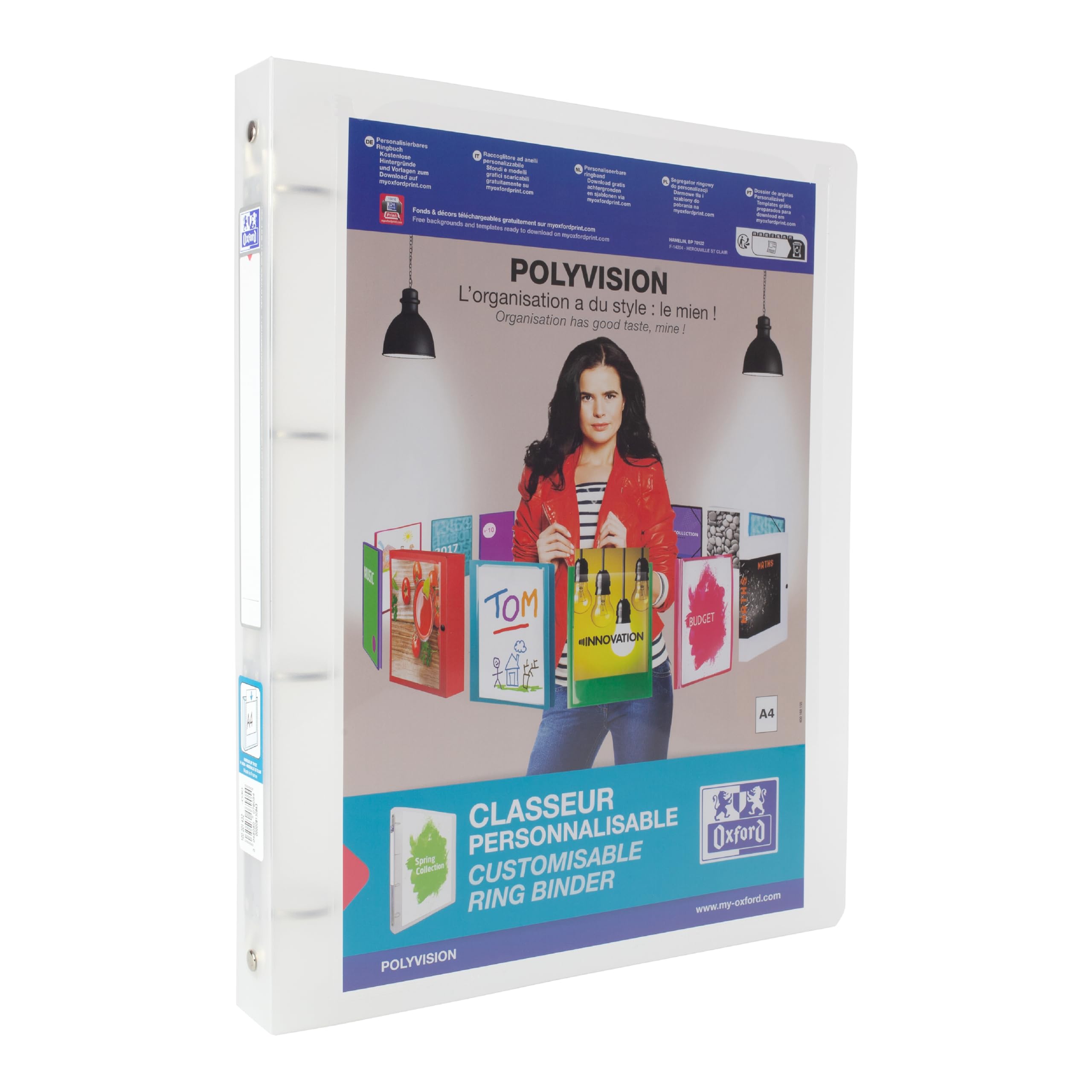 Oxford A4 4 O-Ring Binder, 20mm capacity, 30mm spine, Presentation Folder with Customisable Cover, Portrait, Clear (Single)