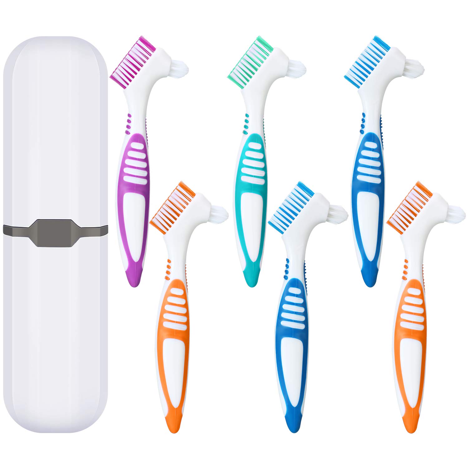 6 Pieces Hard Denture Brush Denture Toothbrush Cleaning Brush with White Carrying Case for False Teeth Cleaning (Red, Green and Blue) : Beauty