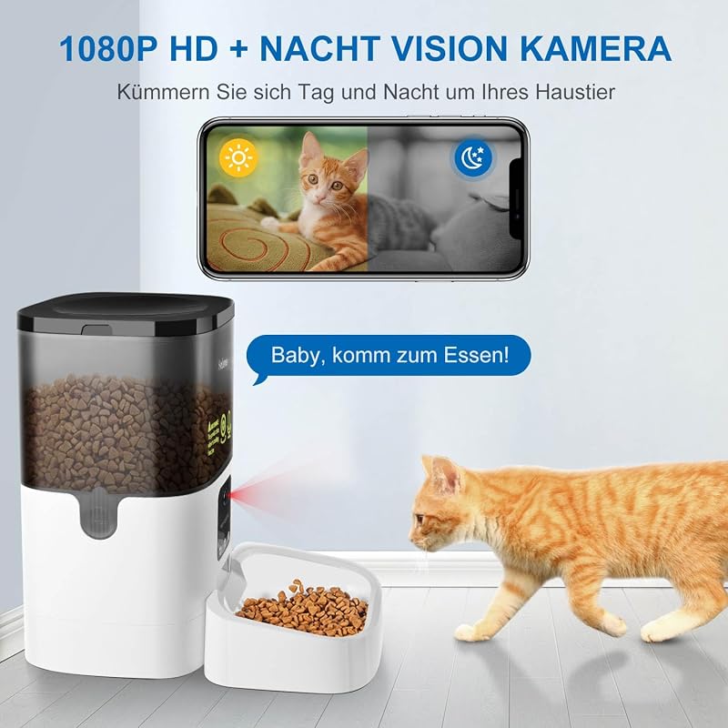 Distributore Automatico Cibo Gatti con Telecamera 1080P, 2.4G WiFi Dispenser Crocchette Gatto, 4L Distributore Automatico Cibo Cani con APP Video Audio Visione, Da 1 a 8 pasti al giorno