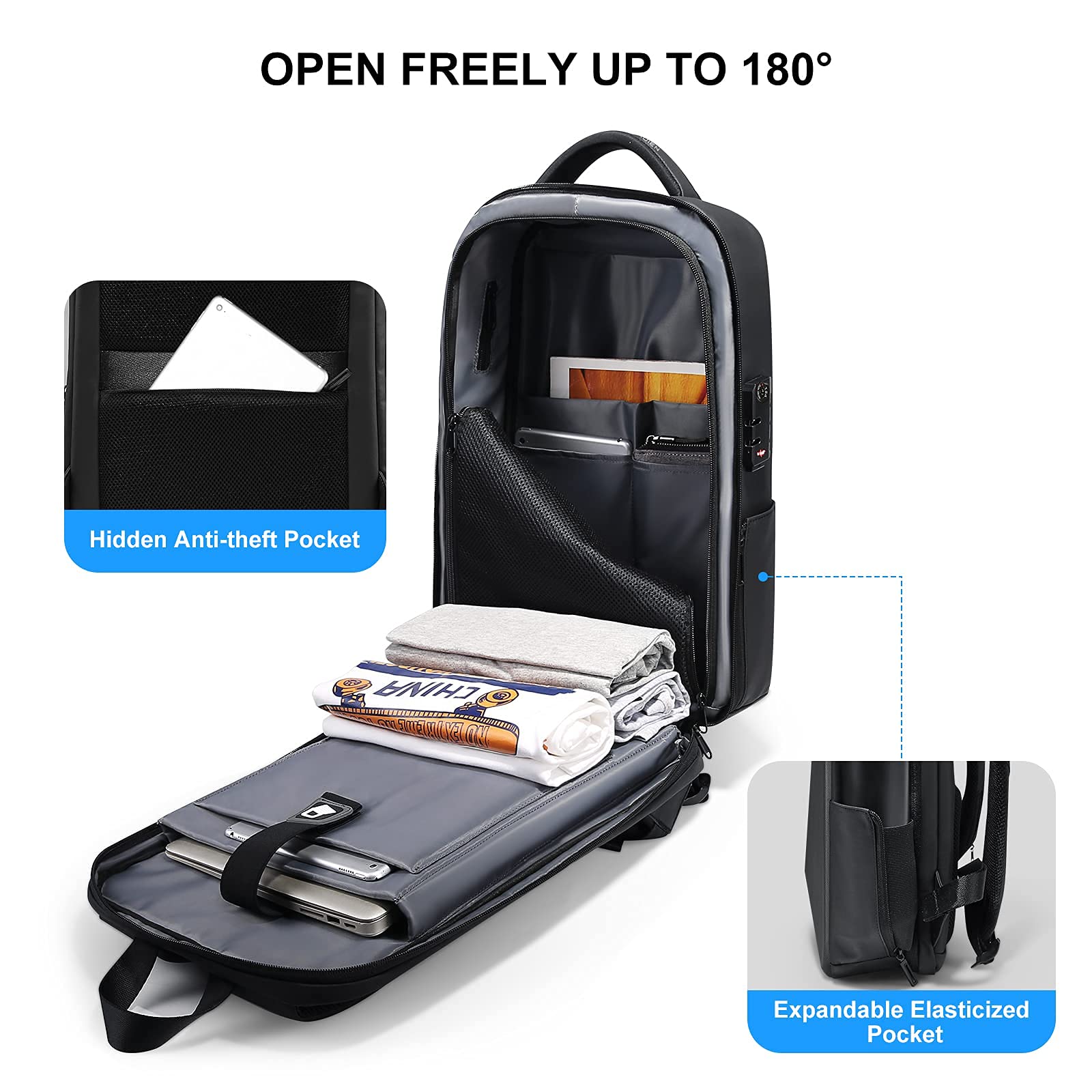 FENRUIEN Anti-Theft Hard Shell Backpack 15.6-Inch,Expandable Slim Business Travel Laptop Backpack for Men,Water Resistant Black Laptop Bag with USB Port