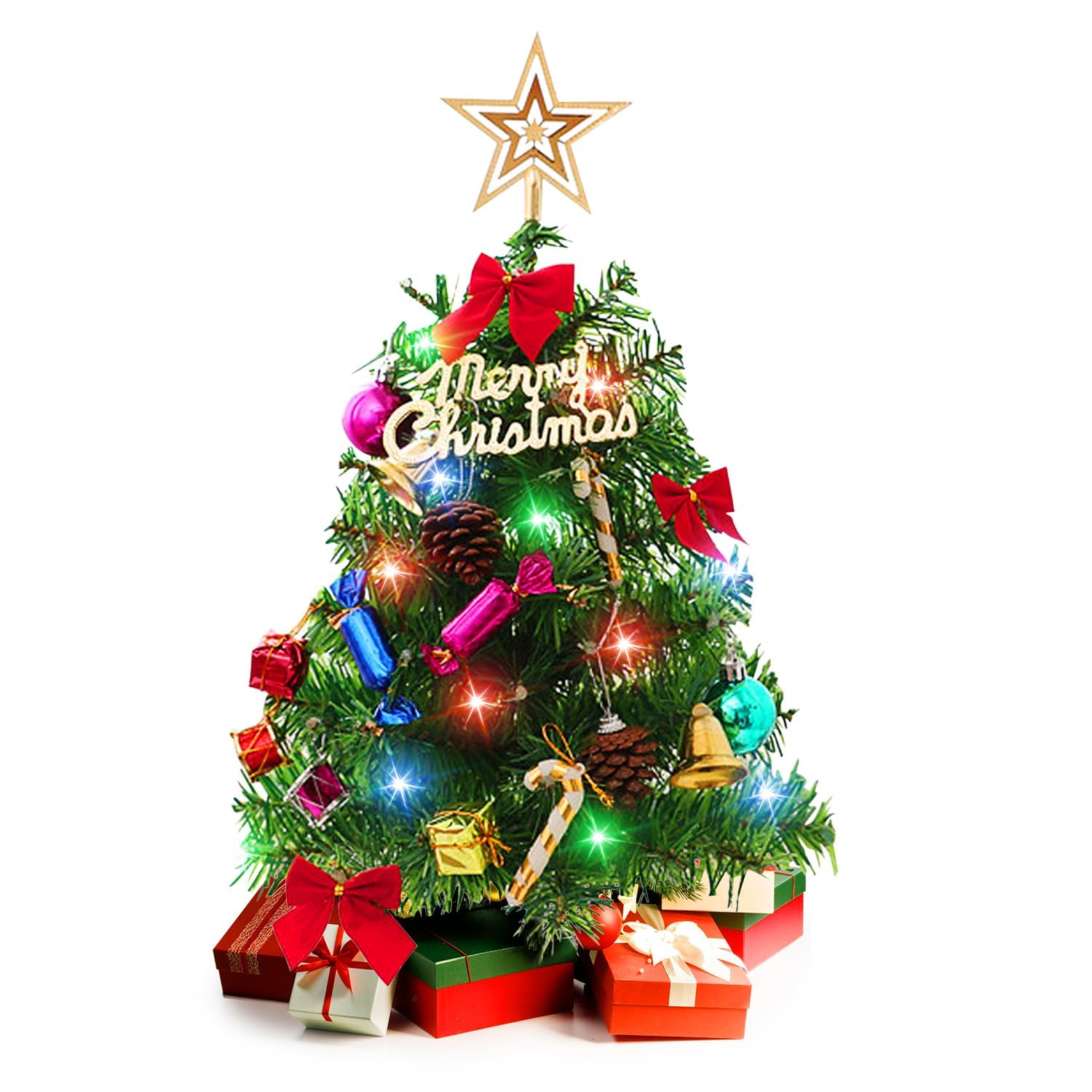 Photo 1 of 20 Inch Christmas Tree with Light Small Table Top Christmas Tree with LED String Lights, Star Treetop, Ornaments Balls Artificial DIY Christmas Table Decoration