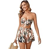 SOLY HUX Women's 2 Piece Beach Vacation Outfits Graphic Print Strapless Tie Front Crop Tube Top and Shorts Set