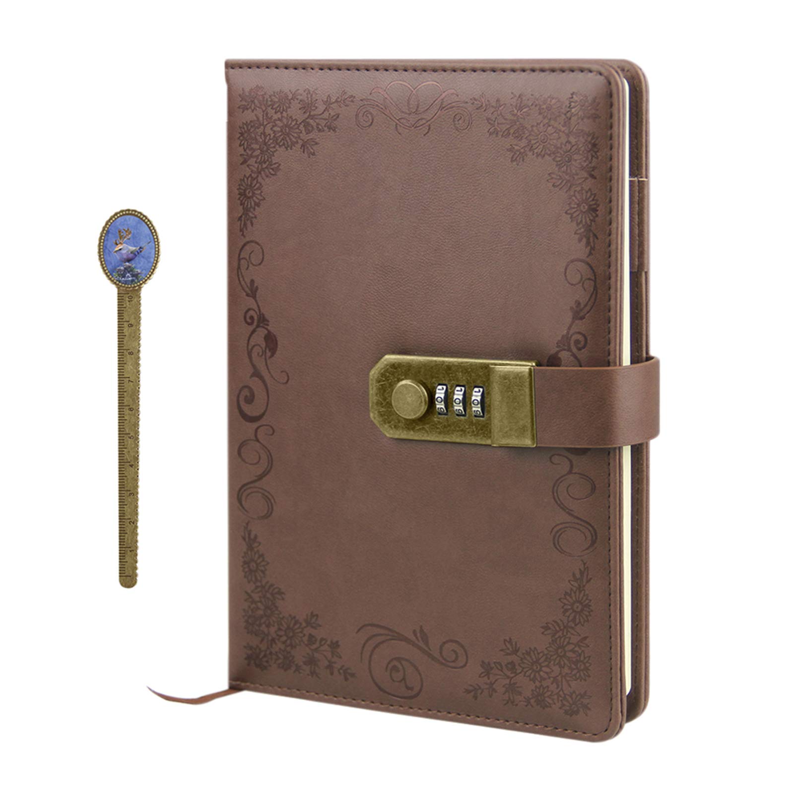 IPENNY A5 Digital Password Journal Retro Privacy Notebook with Combination Lock Vintage PU Leather Journal with Bookmark Pen Loop Ruled Notebook Writing Travel Diary, 100 Sheets