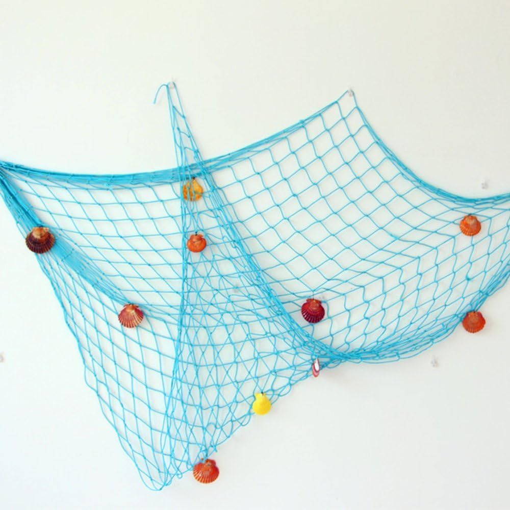Bilipala Rustic Decorative Fishing Net Wall Decor with Seashells, Nautical Style Wall Hangings Ornaments, Blue