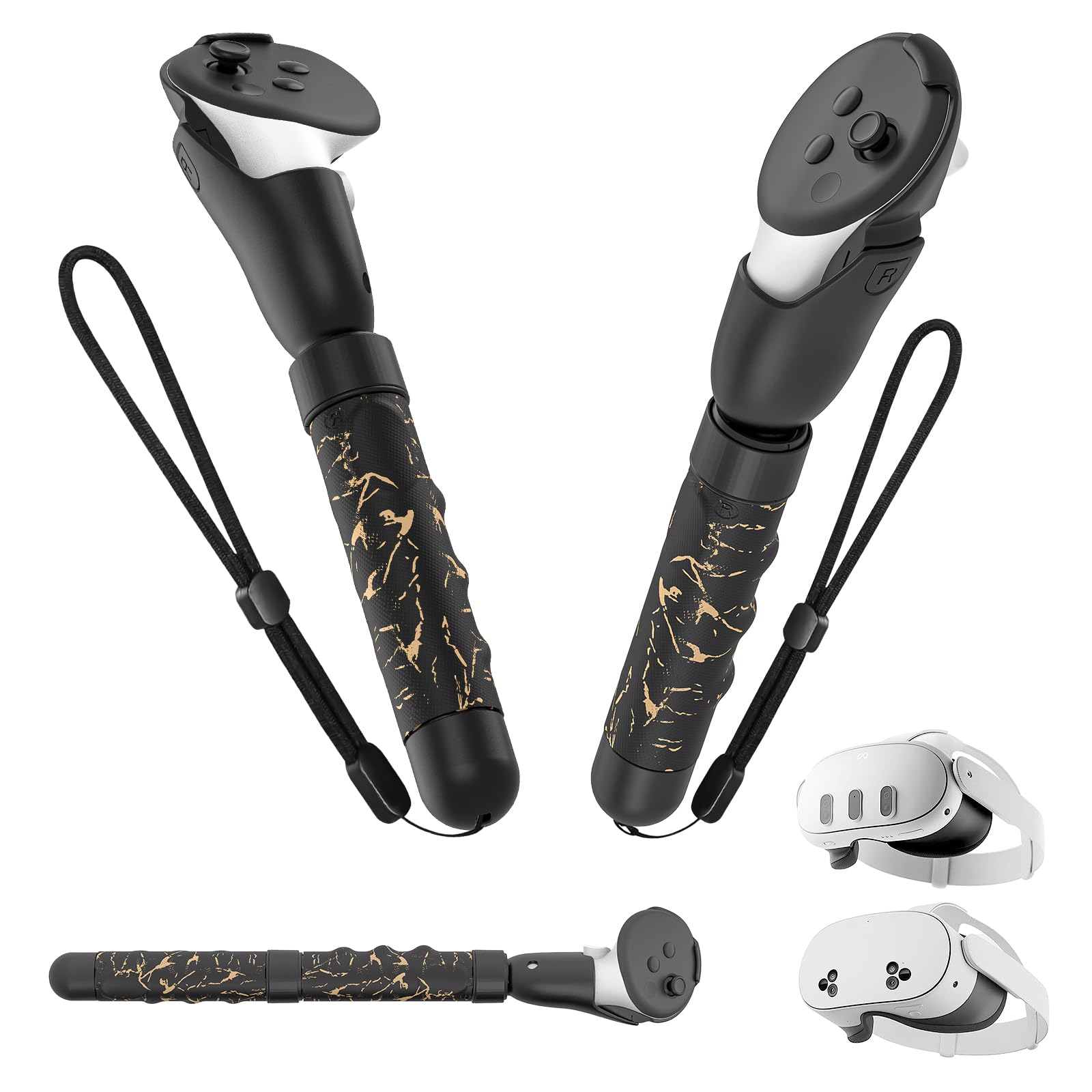 Upgraded Controller Extensions Gorilla Tag Long Arms for Meta Quest 3S/Quest 3 Beat Saber Handles Golf Club Attachment VR Sticks Controller Grips for Quest 3S/3 VR Gaming UG Accessories (Black Gold)