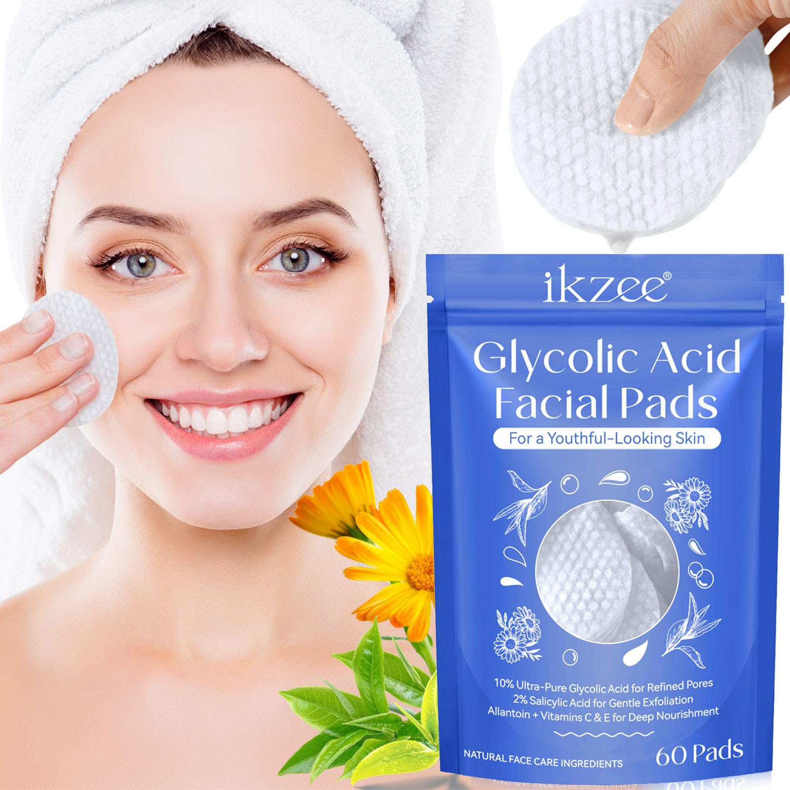 Glycolic Acid Facial Exfoliating Pads with Allantoin and Calendula - Deep Cleansing Cotton Wipes - 60 Pack
