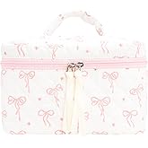 Quilted Makeup Bag Large Travel Zipper Soft Cosmetic Case for Women Girls Make Up,Bow Pink