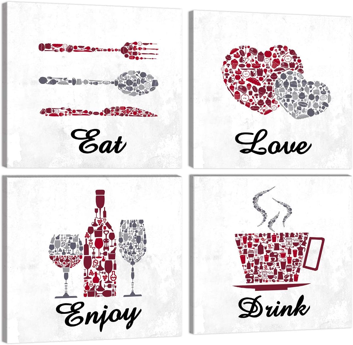 KALAWA Inspirational Kitchen Signs Restaurant Wall Decor Funny Red Maroon Grey White Cafe Bar Wall Decor Eat Drink Love Enjoy Farmhouse Dining Room House Decor Canvas Framed Ready to Hang 12x12 Inch