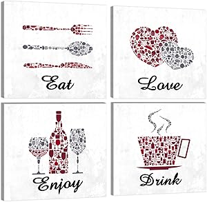 KALAWA Inspirational Kitchen Signs Restaurant Wall Decor Funny Red Maroon Grey White Cafe Bar Wall Decor Eat Drink Love Enjoy Farmhouse Dining Room House Decor Canvas Framed Ready to Hang 12x12 Inch