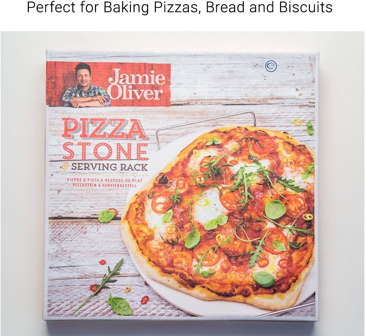 JAMIE OLIVER Pizza Stone and Serving Rack - Round Earthenware Clay - 14 inch: Kitchen & Dining