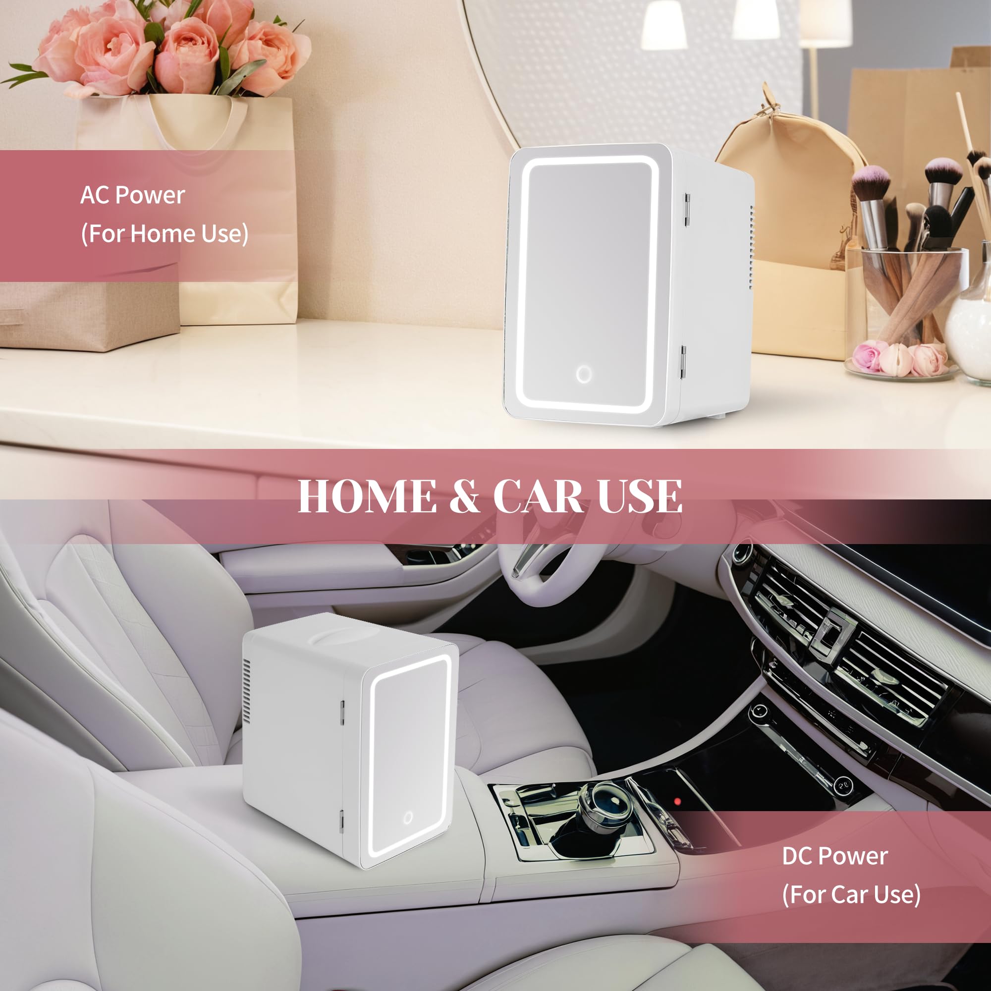 Mini Fridge for Bedroom 6L/8 Cans Skincare Fridge with LED Miroor Portable Cooler & Warmer 110V AC/12V DC Compact Small Refrigerator for Skin Care Cosmetic Beverages Drinks, Office Dorm and Car, White - Image 5