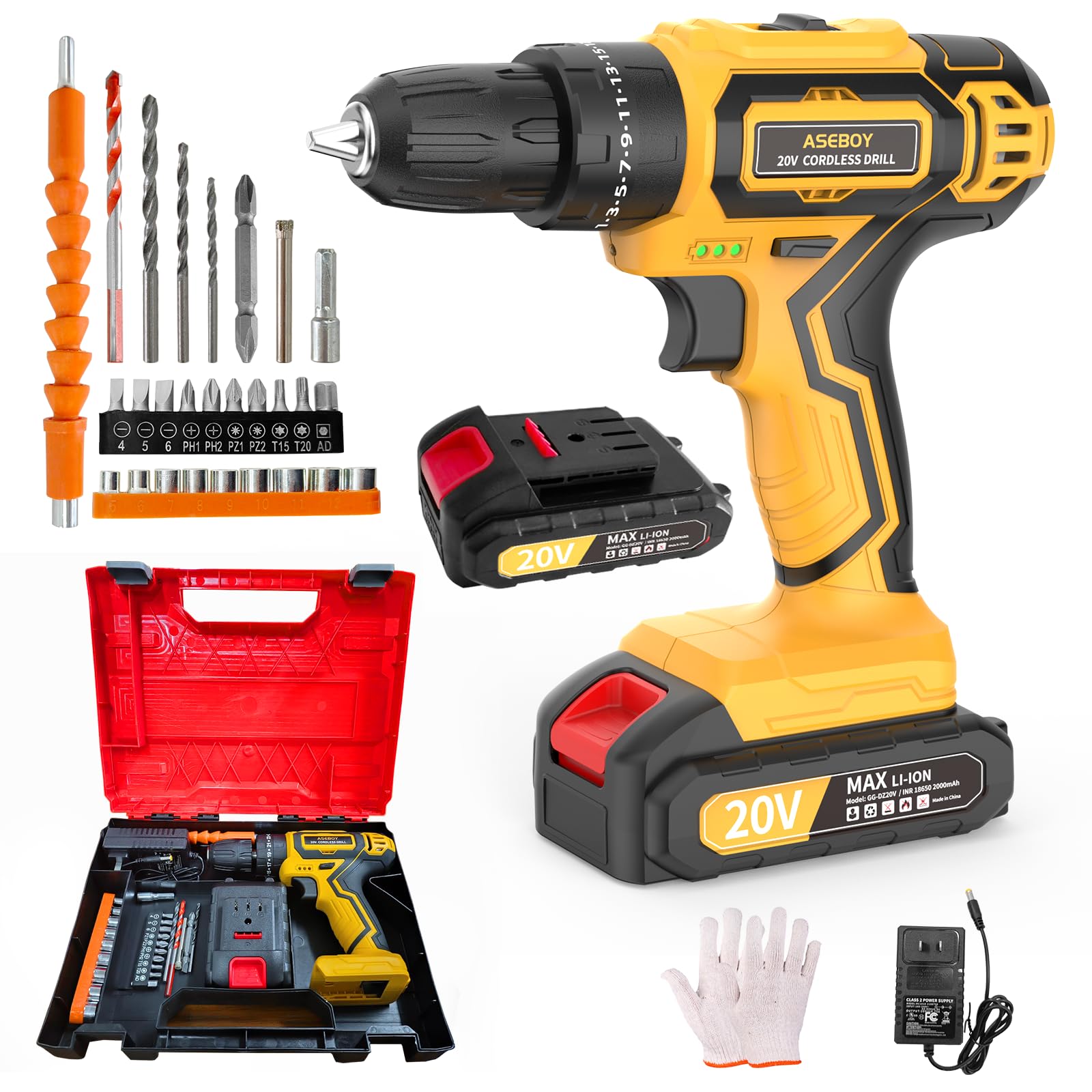Photo 1 of *MISSING ALL ACCESSORIES/ DRILL ONLY/ NO BATTERY* Aseboy Cordless Drill with Battery and Charger, 20V Electric Power Drill with 3/8" Keyless Chuck, 25+3 Torque Settings & Impact Mode for Drilling, Screwdriving, and Home Improvement(1Battery)