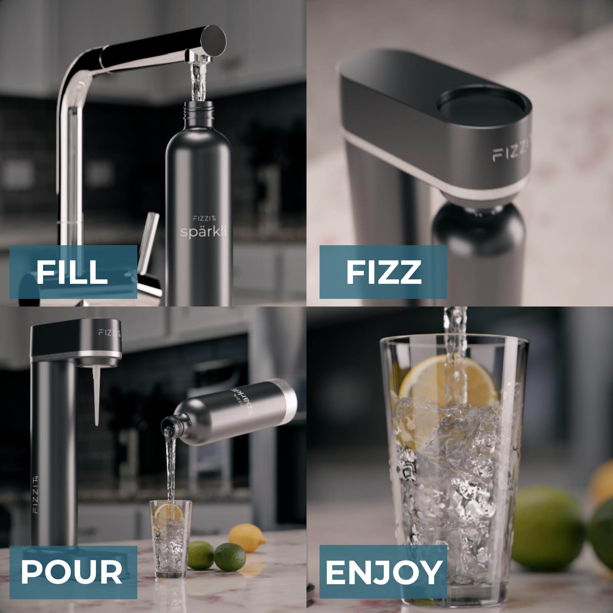 Fizzit Spärklï Carbonated Water Soda Maker with Stainless Steel Bottle Included,Dishwasher Safe (Sparkli-Black)