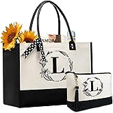 BeeGreen Christmas Gifts Birthday Teacher Appreciation Gift for Mom Women Friends Mother Initial Canvas Tote Bags Personalized Embroidery Monogram Bags with Leather Handle L