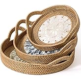 Round Rattan Tray Set (3-Piece) with Mother of Pearl Inlay & Wooden Base | Decorative Wicker Serving Basket | Storage for Coffee, Bread, Fruit | Table, Kitchen Island Decor