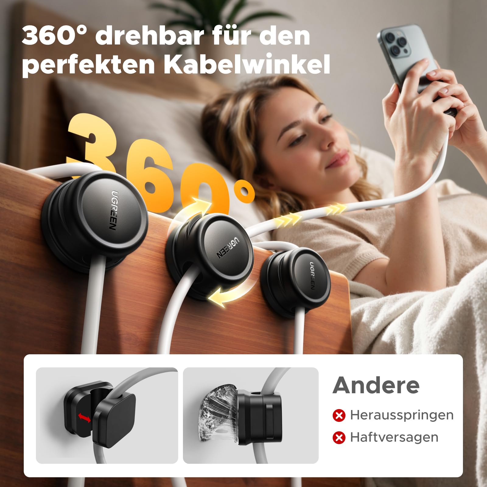 UGREEN 6 Stück Magnetische Kabelhalter Kabelclips 360°Drehbar, Kabelhalter Selbstklebend, Verstellbarer Kabel Organizer, Kabelmanagement für Ladekabel Netzkabel, Kompatibel mit Kabel bis zu 7,5 mm 2