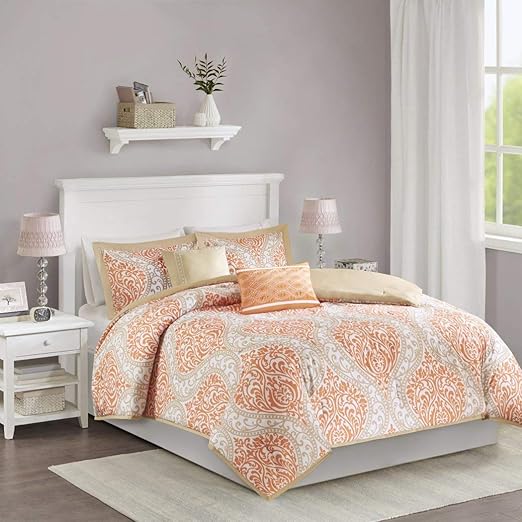 Amazon Com 5pc Tangerine Orange Grey Damask Floral Comforter Full