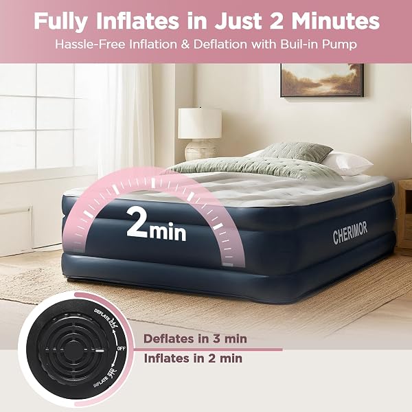 CHERIMOR QUEEN AIR MATTRESS WITH BUILT IN PUMP, 18″ ELEVATED HEIGHT, 48HR LEAK-TESTED, HONEYCOMB COIL SUPPORT, 800 LBS CAPACITY, FAST 3-MIN INFLATION–BLOW UP MATTRESS FOR GUEST ROOM & SLEEPOVER