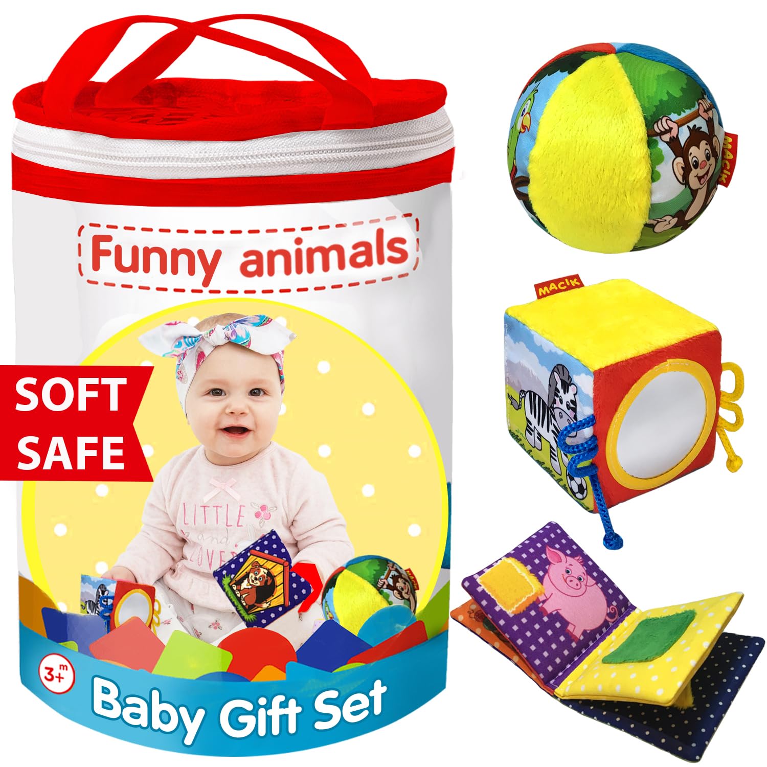 Baby Sensory Toy Gift Set 3+ Months - Magdum - Activity Cube Sensory Ball & Crinkle Cloth Book - Early Learning Toys for Infants - Developmental Toy for Fine Motor Skills - Safe Soft Baby Gift