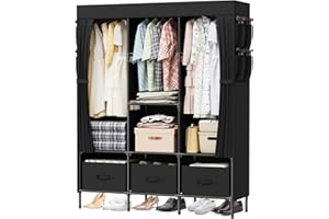 LOEFME Portable Closet, Wardrobe Closet for Hanging Clothes with 3 Drawer Boxes and 8 Side Pockets, 51.2 x 17.7 x 66.9 Inches Clothes Storage Organizer for Bedroom, Living Room, Black