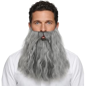 Thrymme Men Long Curly Wizard Beard with Elastic Band, Full Fake Beard for Cosplay Halloween Costume, Fairy Tale Wizard Facia