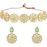 Efulgenz Kundan Choker Set Indian Jewelry Sets for Women Crystal Kundan Floral Choker Necklace Earrings Bollywood Wedding Bridal Set Jewellery