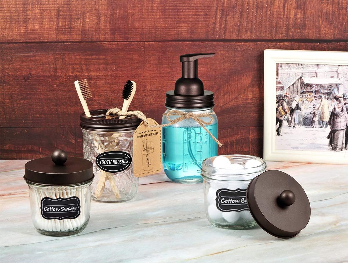 Mason Jar Bathroom Accessories Set(4 Pack) - Foaming Soap Dispenser&Qtip Holder Set&Toothbrush Holder-Rustic Farmhouse Decor Bathroom Organizer Apothecary Jar Country Countertop (Bronze): Home & Kitchen