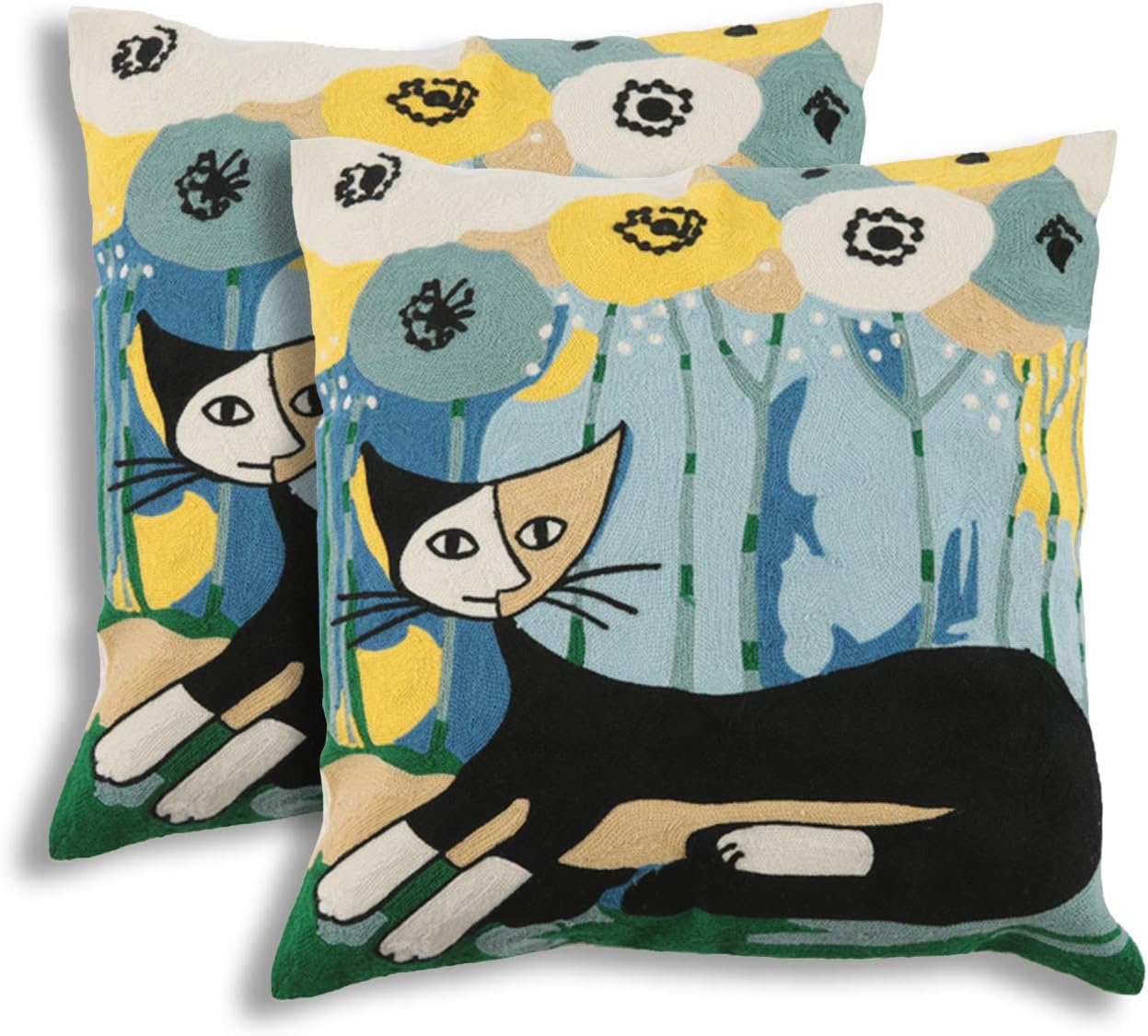 EverGrace Cotton Embroidery Throw Pillow Covers for Sofa Couch Bed Home Decor, 2-Pack Abstract Art Cat Decorative Pillow Covers 18x18 inches