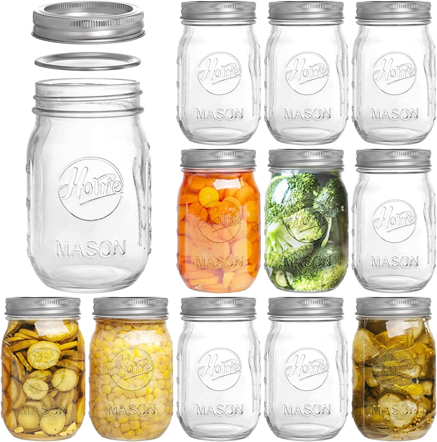 Tebery 12 Pack 16oz Printed Glass Jars 480ml Mason Glass Jars with Regular Mouth Canning Glass Jars with Lids