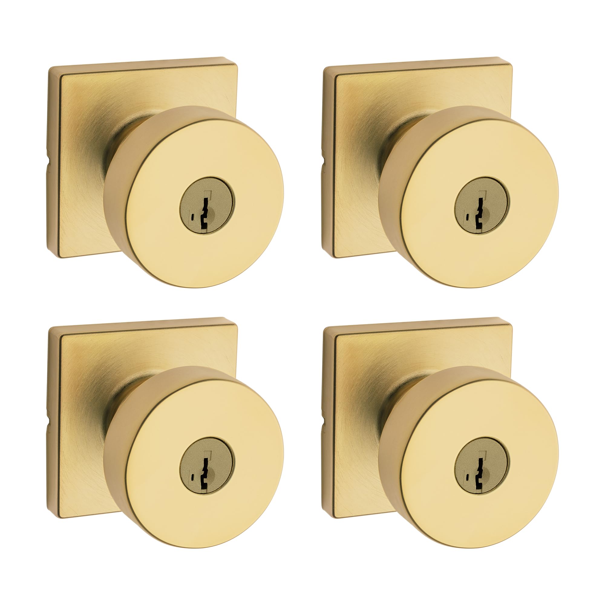 Kwikset Pismo Entry Door Knob with Lock and Key, Secure Keyed Handle Exterior, Front Entrance and Bedroom, Satin Brass, 4 Pack, Pick Resistant SmartKey Rekey Security Image