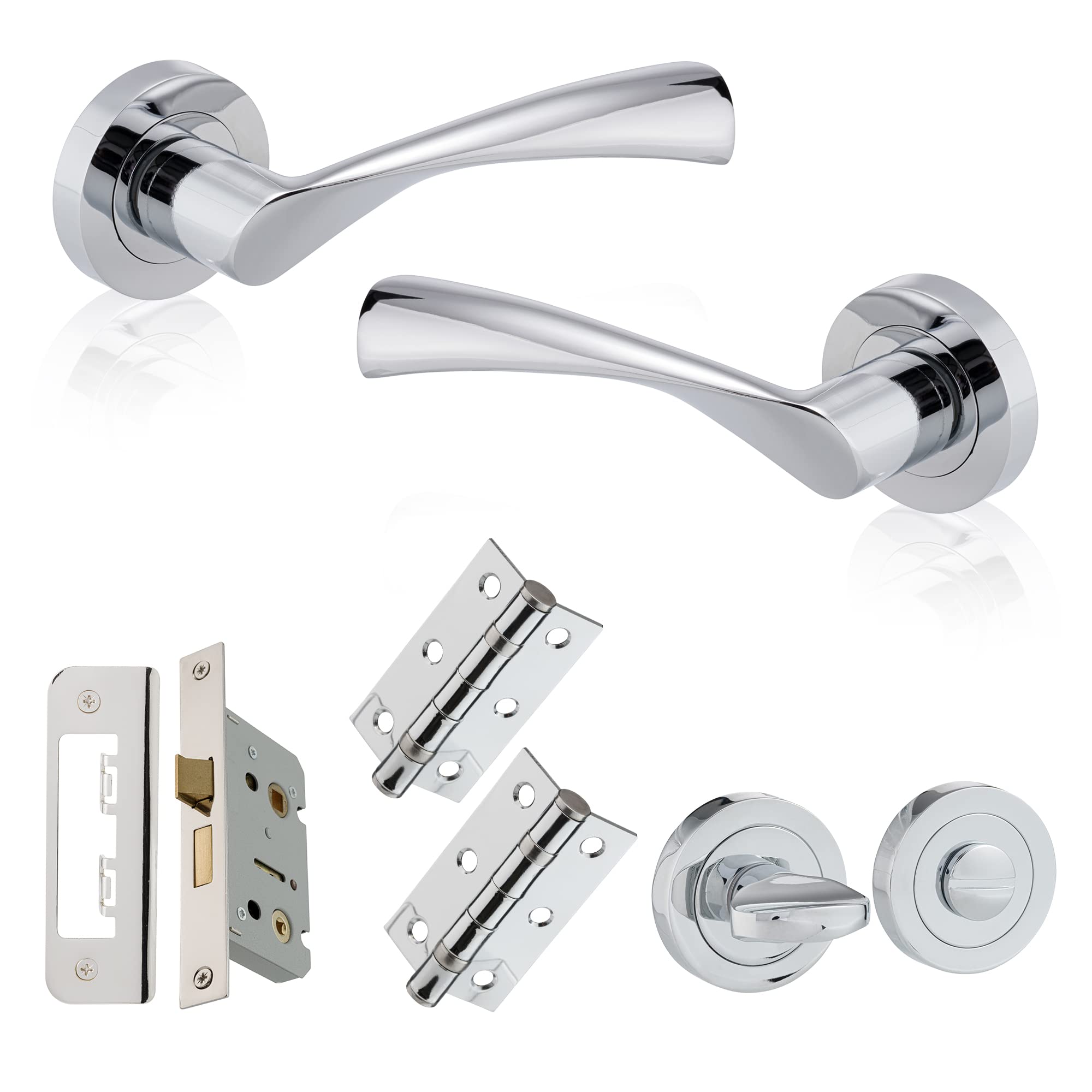 XFORT Polished Chrome Warped Lever On Rose Bathroom Pack, with Ball Bearing Hinges, Thumbturn Release and A Bathroom Lock, Ideal for Internal Wooden Doors for Home and Office.
