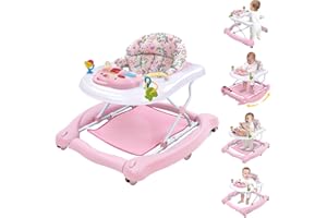 HOWEEMO 5 in 1 Foldable Baby Walker, Activity Baby Walker-Baby Bouncer, Rocker, Activity Center,Seat and Push Walker,Detachable Trampoline Mat, Adjustable Speed Rear Wheels and Height,Ages 6-18 Months(Pink)