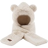 Babalet Hooded Scarf for Women, Winter 3-In-1 Fleece Scarf Hats, Cute Bear Ear Hooded Scarfs Beanie and Gloves