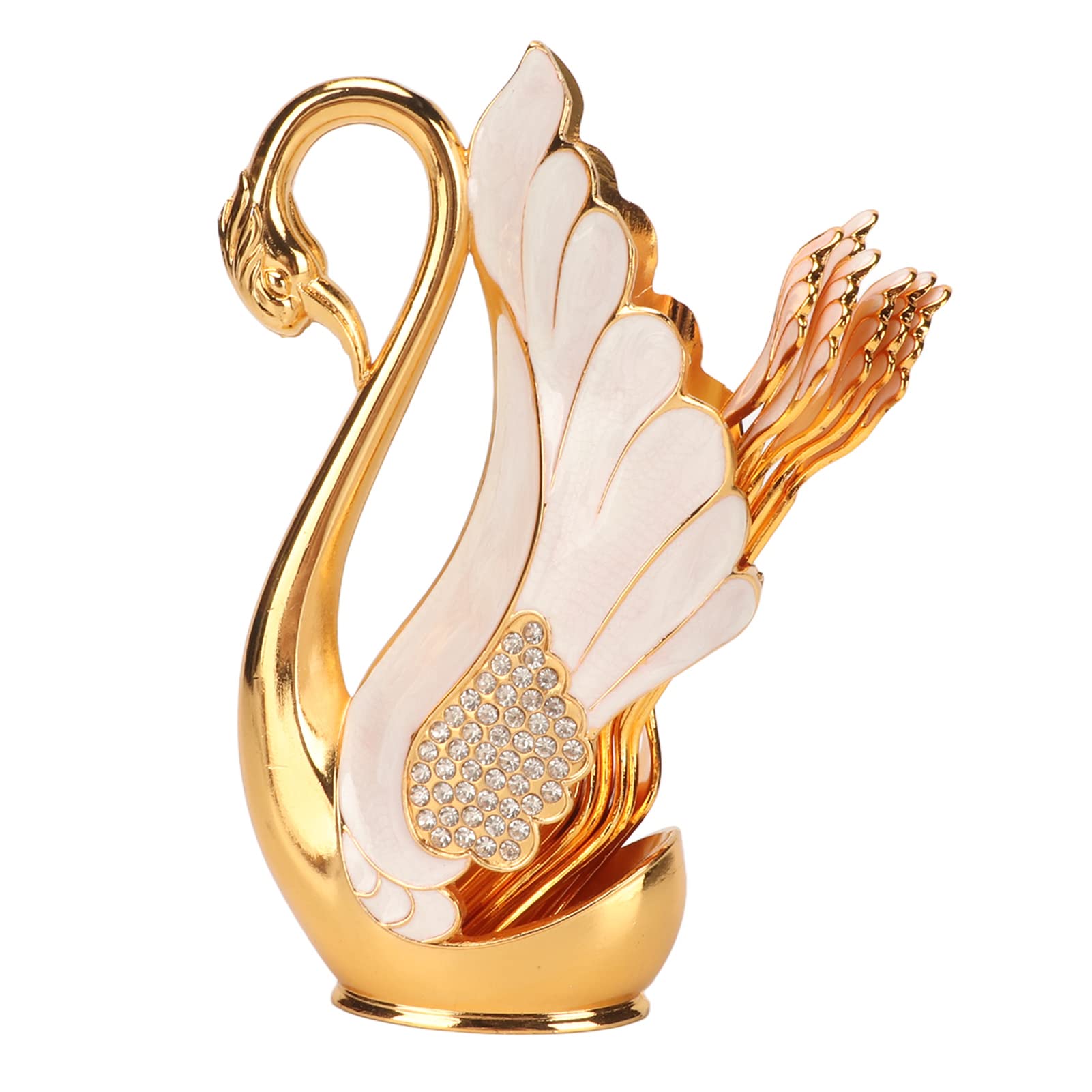 Jeanoko Swan Base Holder Coffee Spoon Set Innovative Gold Smoother Edges Coffee Dinnerware Set with Forks Spoons for Bistros Bars Parties(Golden White Fork)