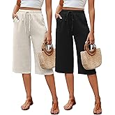 Neer 2 Pack Women's Linen Capris, Summer Drawstring Wide Leg Pants Casual High Waisted Palazzo Trousers with Pockets